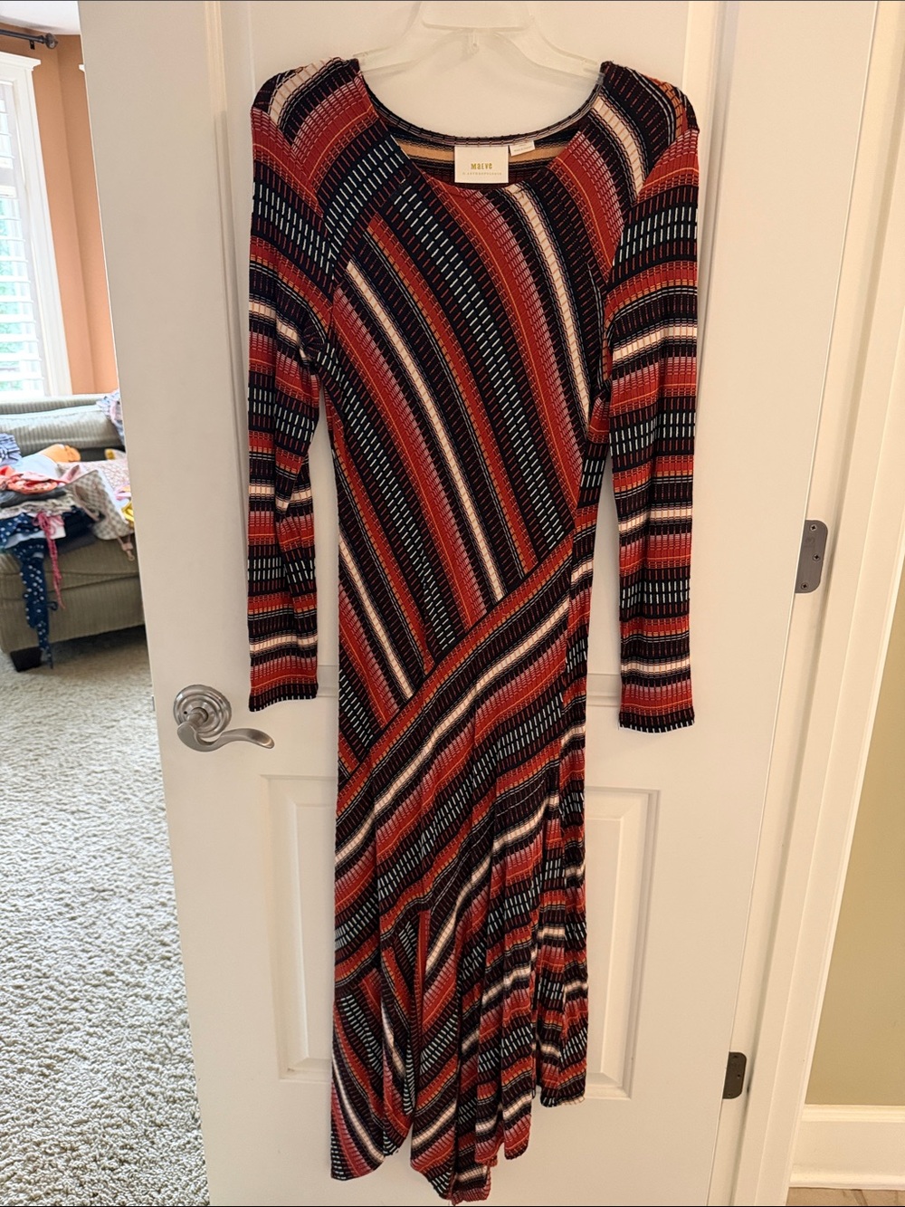Maeve Red Black White Striped Long-Sleeve Midi Dress